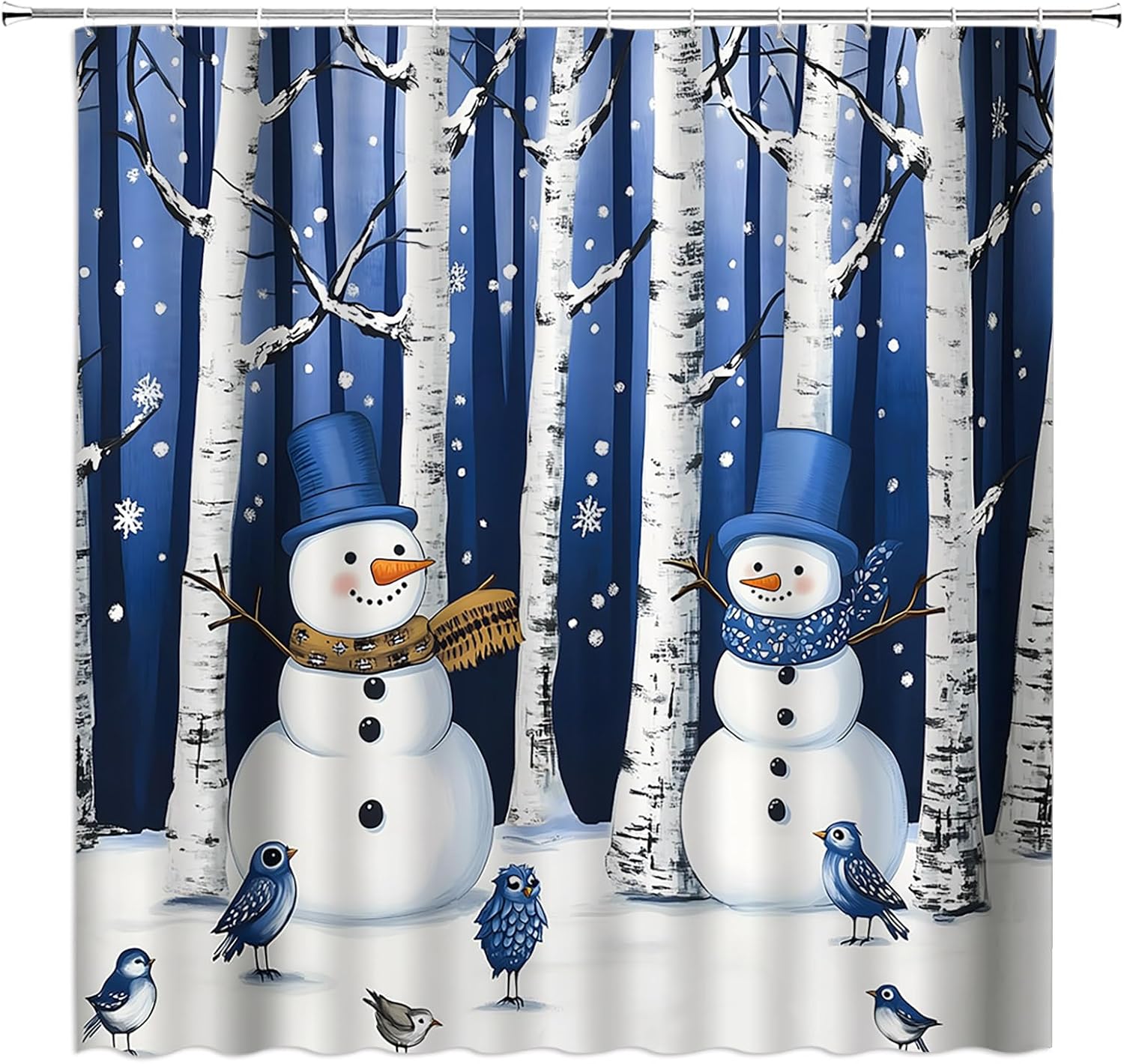 Christmas Snowman Shower Curtain Cute Blue Snowman Snowy Tree Forest Snowflake Birds Rustic Winter Holiday 70" WX96 H Bathroom Decor Fabric Curtain with Hooks
