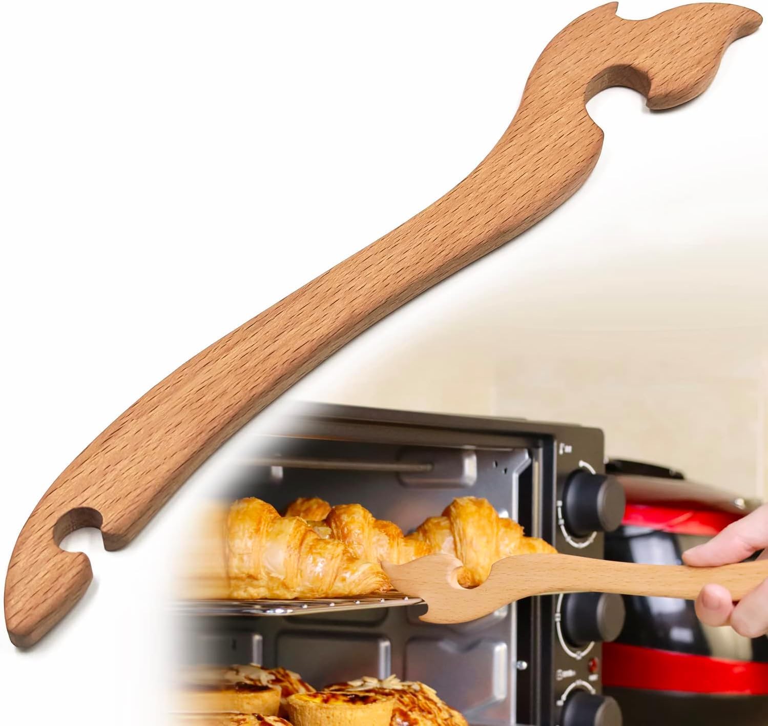 carthome wooden oven rack puller, practical oven rack tool, prevent burns baking long handle toaster oven accessories, for oven, toaster, air fryer, toaster oven