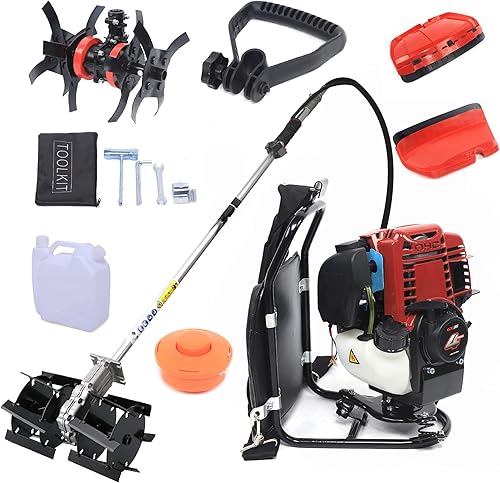 Juego de herramientas de jardín de mochila a gas de 4 tiempos de 35.4 cc - Rototiller, cortador de cepillo y recortadora de césped con motor de 1.4