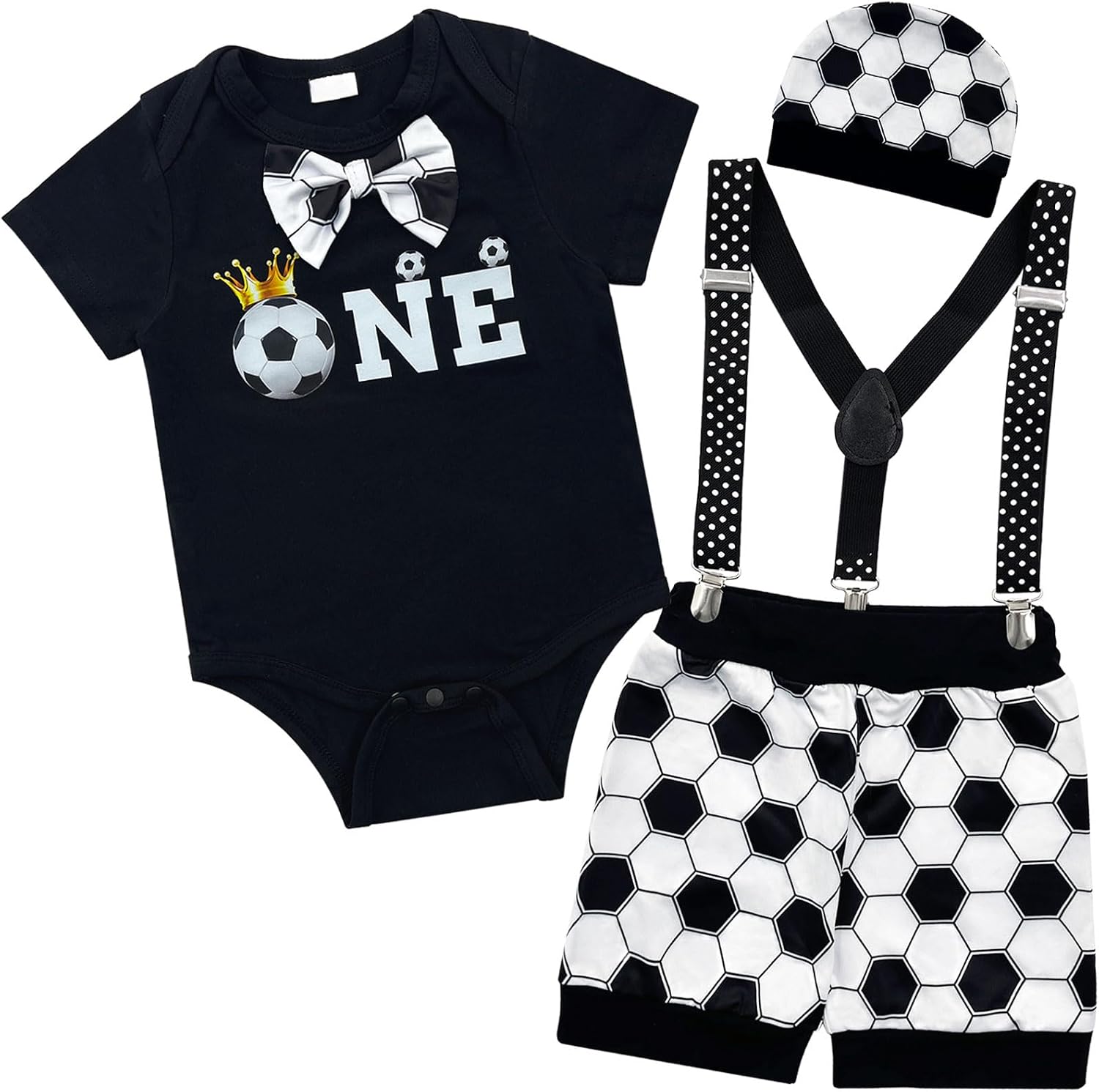 Infant Baby Boys 1st Birthday Soccer Bodysuit Outfit One Year Old Birthday Bowtie Romper Suspenders Shorts Pants set