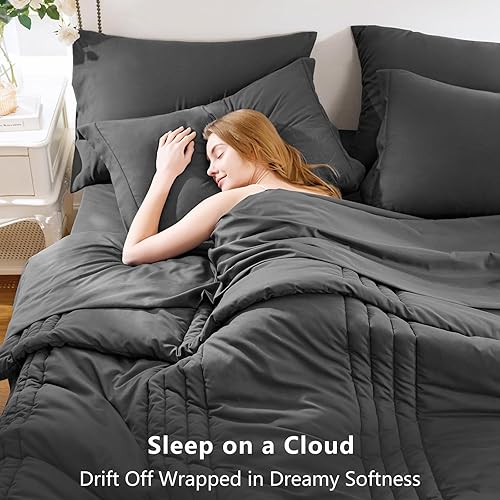 Miniatura 3 de CozyLux Juego de edredón Queen de 7 piezas, edredón gris oscuro, juego de cama suave con edredón, sábanas, fundas de almohada y fundas de almohada