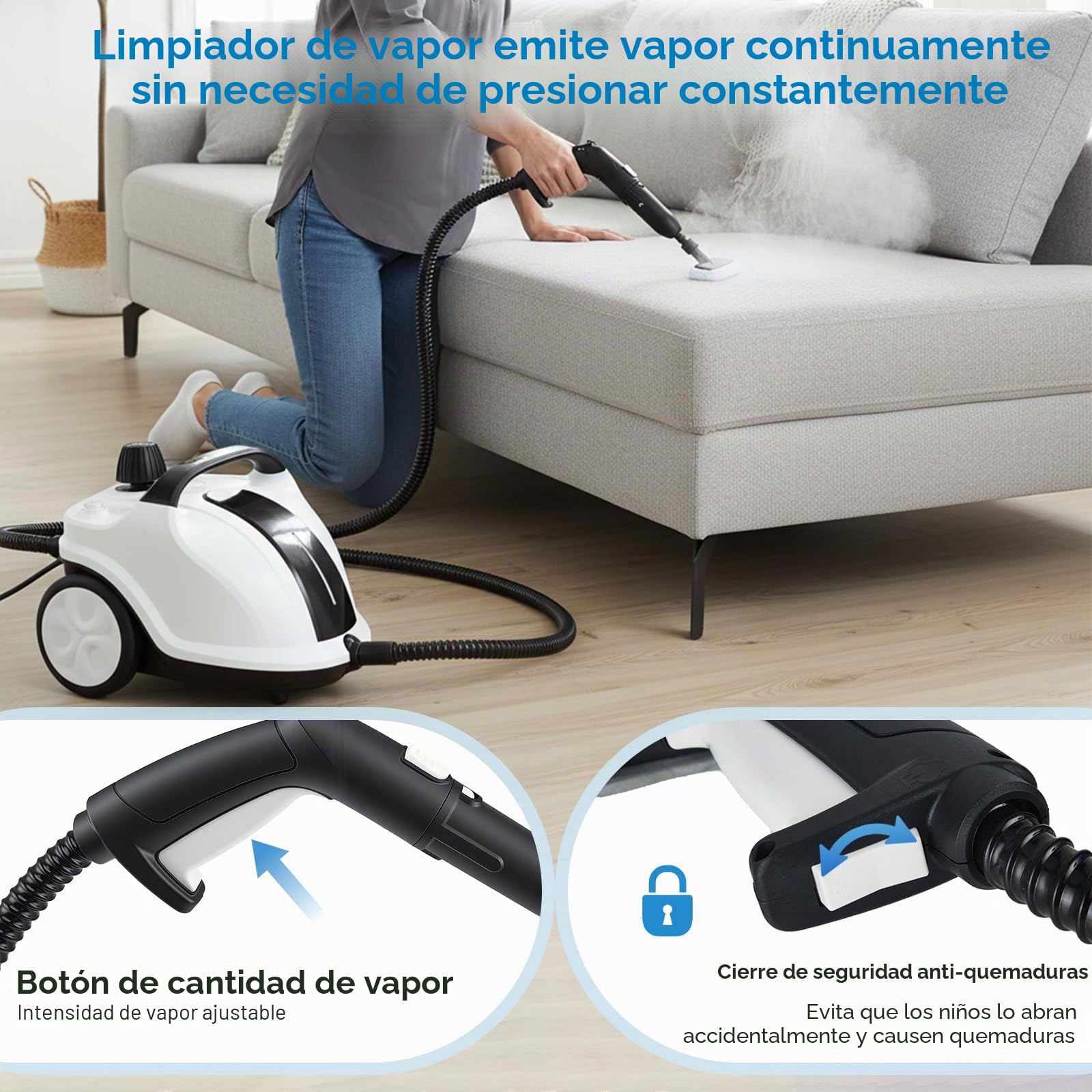 Limpiador a vapor 2000W con 5 bar de presión - Depósito de 2 litros para 100m² de superficie - Set de accesorios de 18 piezas - Limpiador a vapor portátil con cabezal de cepillo giratorio