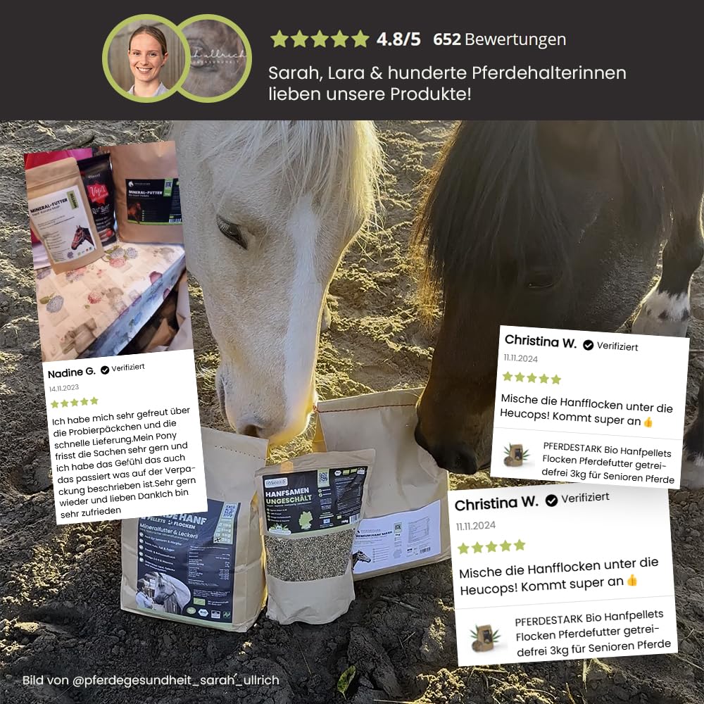 SANUUS PFERDESTARK Bio Hanf Pellets Pferdefutter getreidefrei Mineralfutter 10kg - Natürliche Premium Hanfkuchen Nahrungsergänzung für Pferdemüsli ohne Zucker mit Omega 3-6-9, Vitaminen & Eiweiß