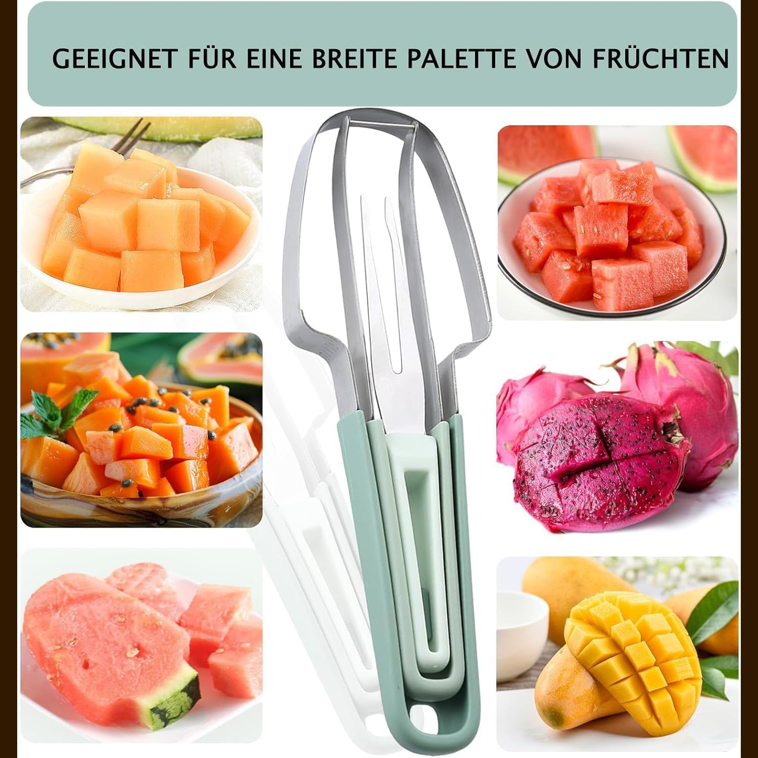 cortador de fruta 3 en 1, tenedor para melón de doble punta de acero inoxidable y cortador para sandía y frutas de verano (verde)