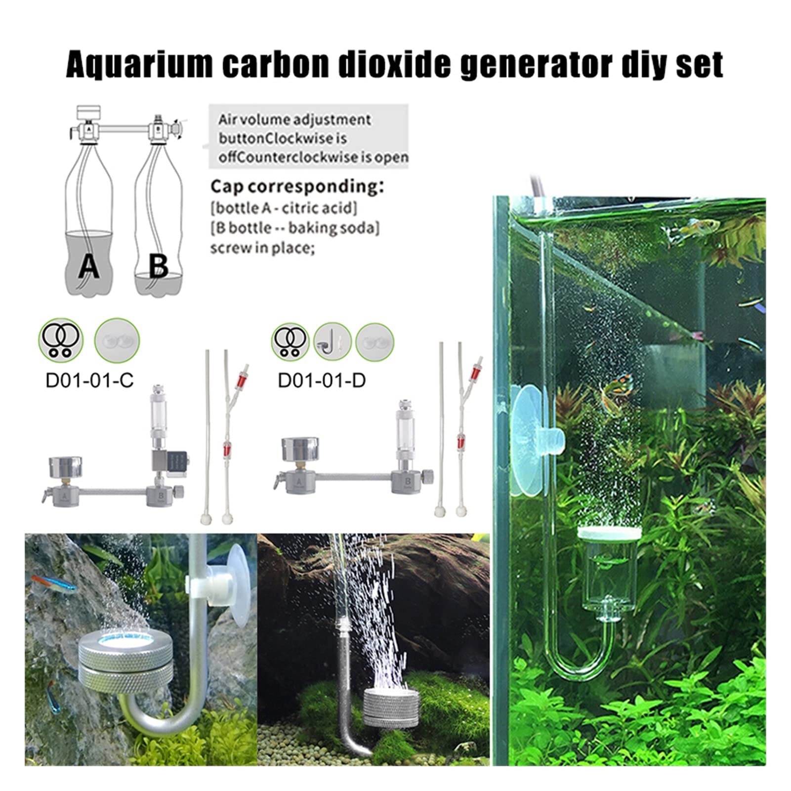 Reduktor ciśnienia CO2, Akwarium DIY CO2 Zestaw systemu generatora z elektrozaworem licznikiem pęcherzyków zaworu dla roślin akwarium Niskie ciśnienia(D01-01-b)