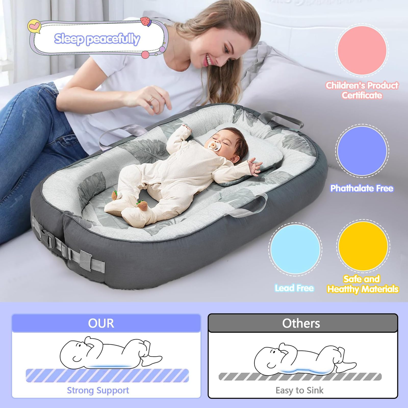 Babynest-Set mit Spielzeug, beaufsichtigter Baby-Schlafschale, weich und atmungsaktiv, 100 % Baumwolle, Schlafkopf-Baby, 76 cm x 53 cm, für 0–9 Monate. Unverzichtbares Geschenk für Neugeborene.