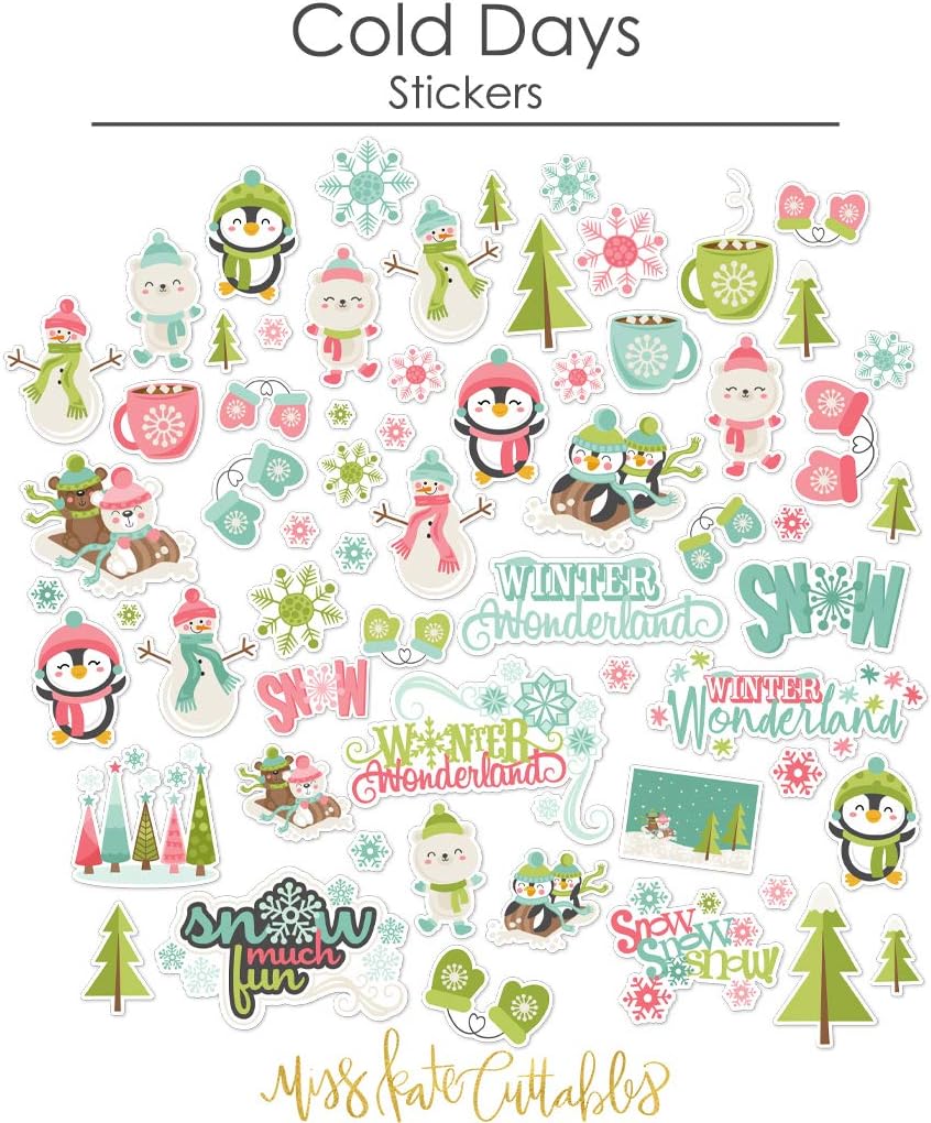 Miss Kate Cuttables Paper & Sticker Kit - Cold Days - Winter - 20 Double-Sided 12x12 Papers with 39 Designs & 1 8X12 Sticker Sheet - Scrapbooking Card Making Crafting