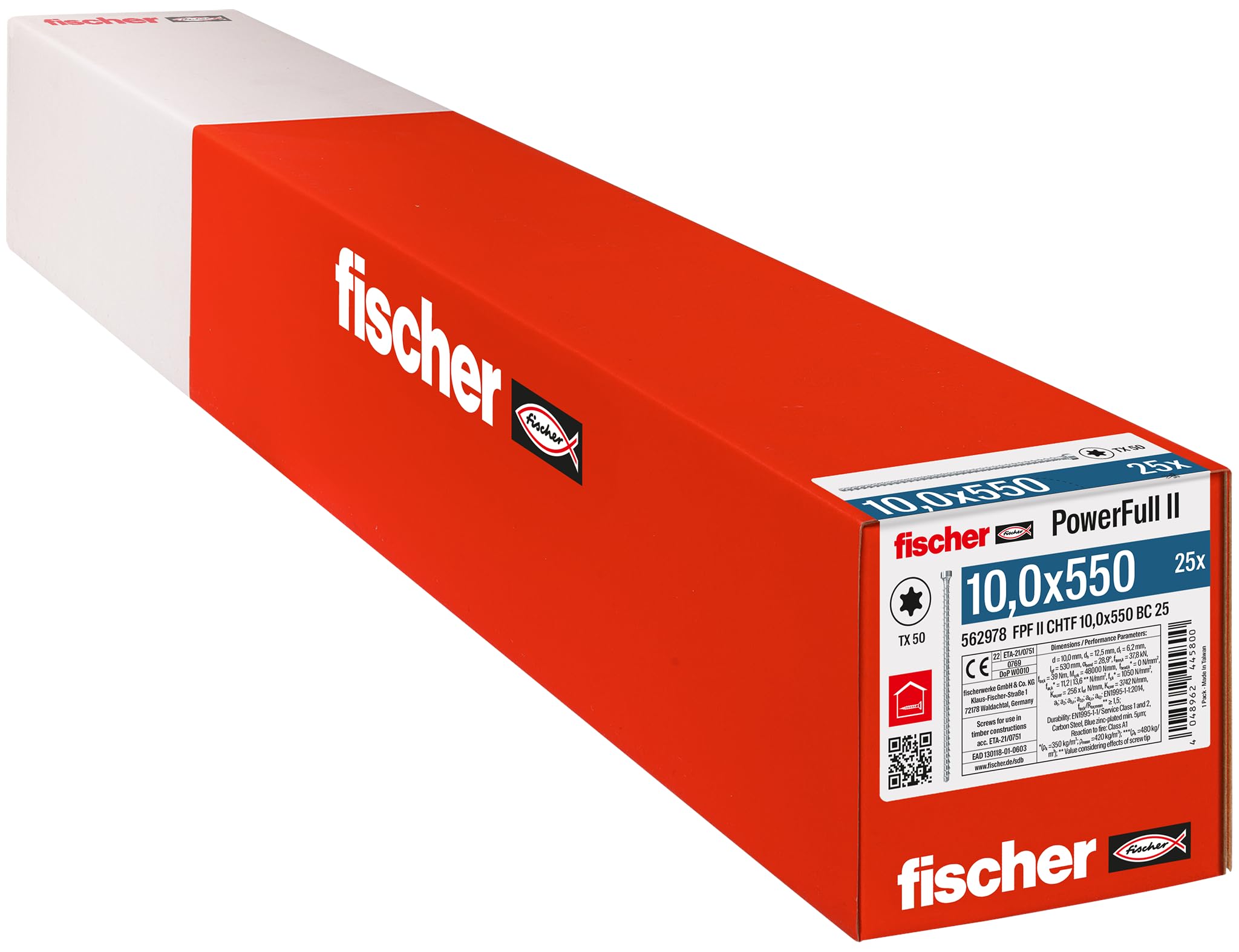 fischer PowerFull II 10.0 x 550 Premium Fully Threaded Screw (Pack of 25) with Innovative Tip Geometry