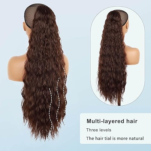 Miniatura 4 de Extensión de cola de caballo larga y rizada para mujeres y niñas, extensiones de cabello con clip con cordón sintético para uso diario (marrón claro)