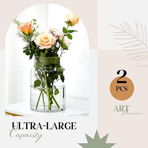 Miniatura 3 de 2 jarrones de vidrio grandes de 9 pulgadas para ramo, jarrón de boca ancha para centros de mesa, jarrón grande para flores, jarrones de vidrio