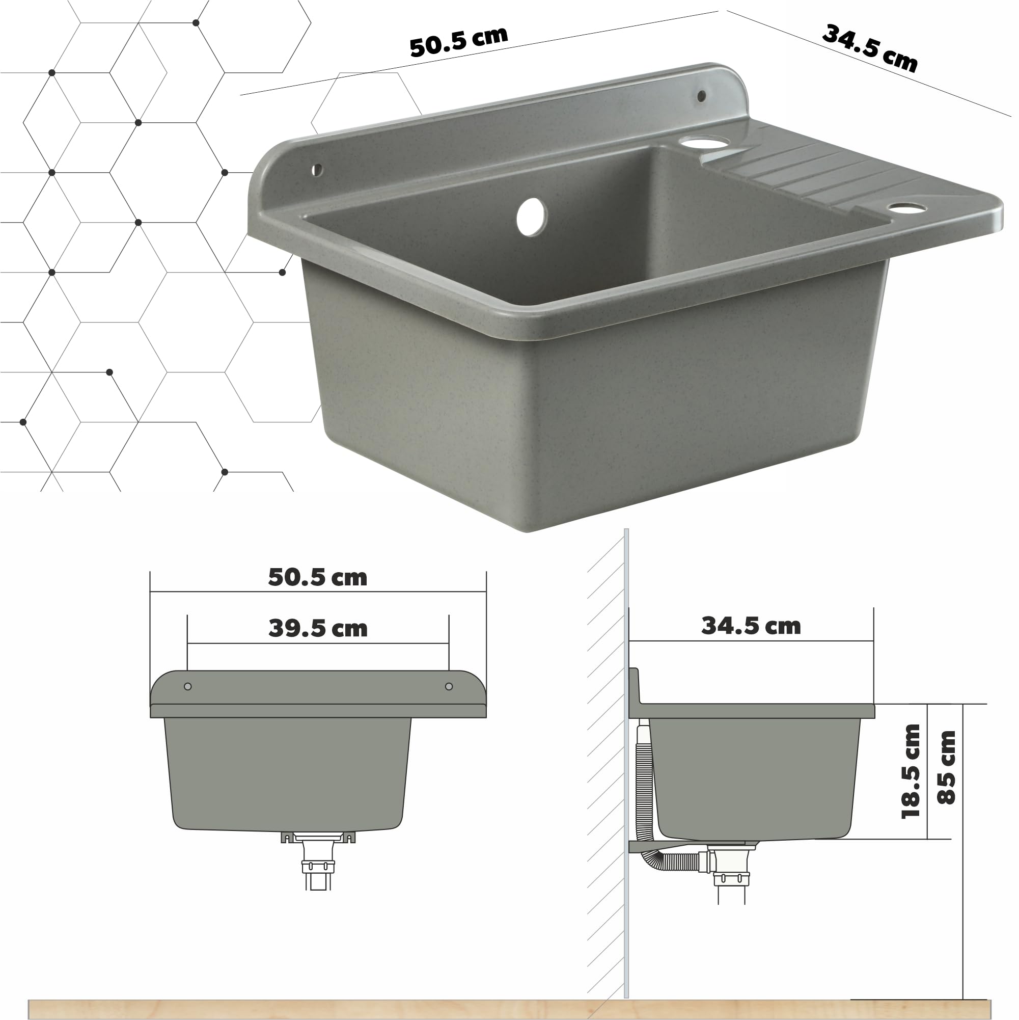 Basino di versamento del Gospo fatto di polipropilene, 50,5 x 34 x 26,5 cm, lavandino con rubinetto, sifone, distributore di sapone, lavandino, lavandino per la casa (grigio)