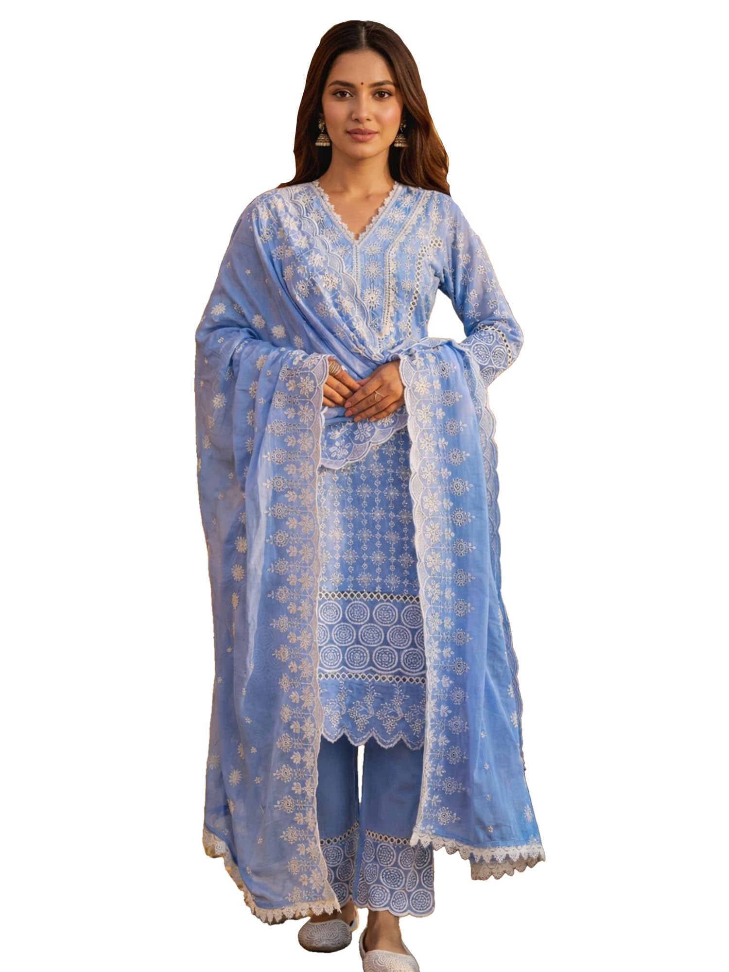 indo era Women's Pure Cotton Ethnic Motif Embroidered Straight Calf Length Kurta with Pant & Dupatta Set (IENXR10198)-picture-28