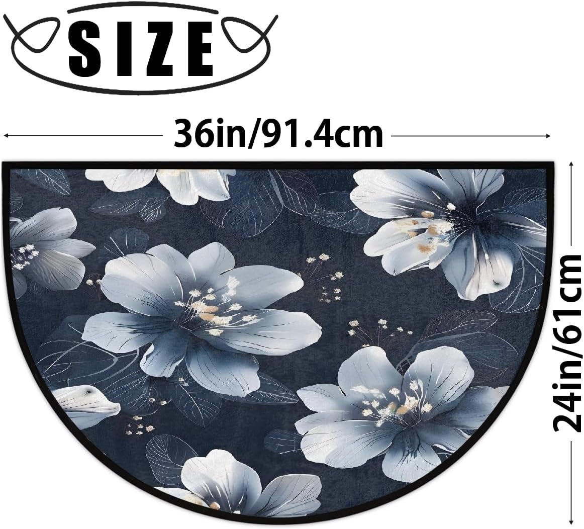 Half Round Door Mat Flowers Beautiful Half Moon Rug Washable Half Circle Area Rugs Indoor Entrance Non Slip Semi Circle Bathroom Rugs Floor Carpet for Kithen Bedroom Fireplace Decor