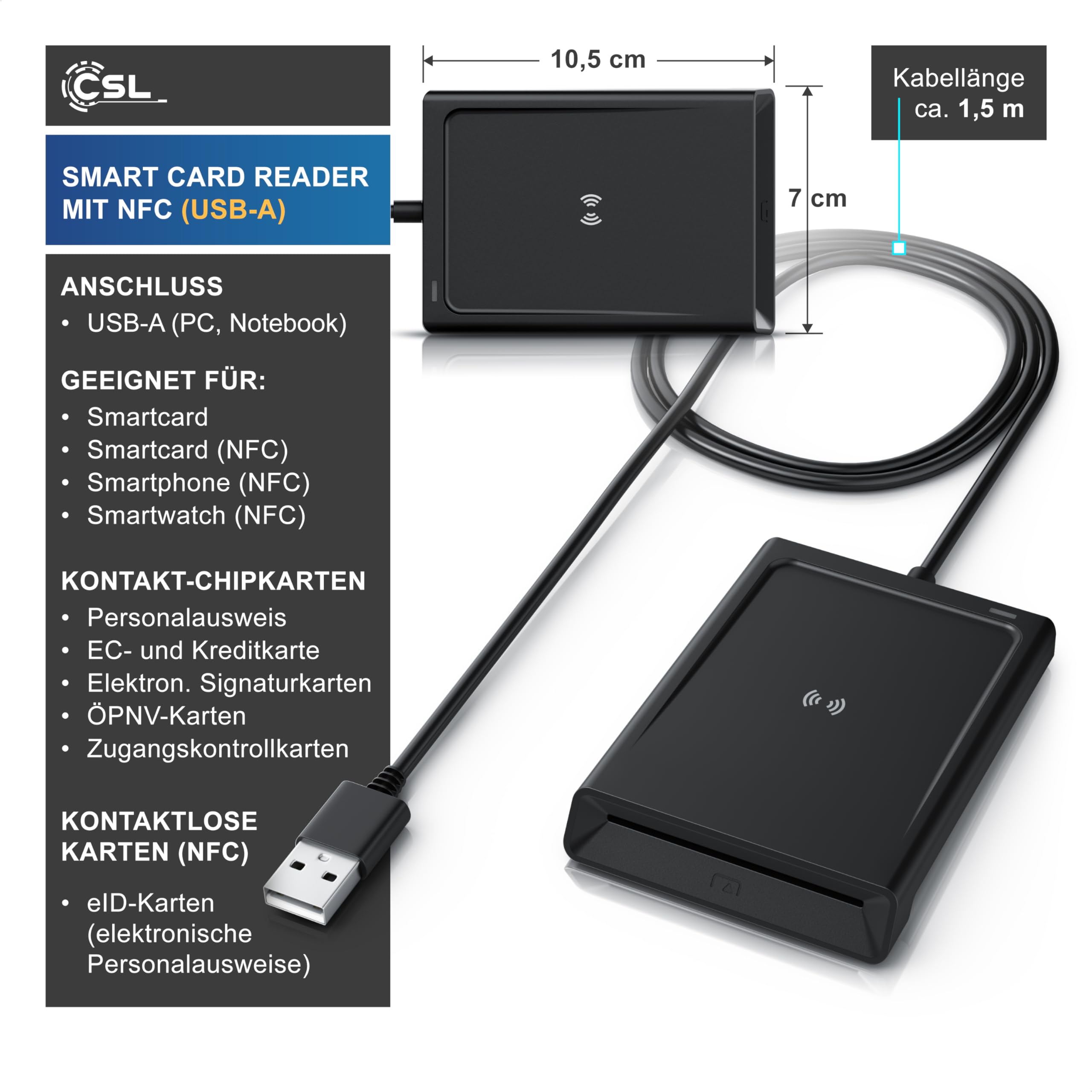 CSL - USB Chipkartenleser mit NFC - SmartCard Reader/SIM Kartenlesegerät - kompatibel mit Windows 10-11 - für den neuen Personalausweis Gesundheitskarte kein EPA Bankkarten