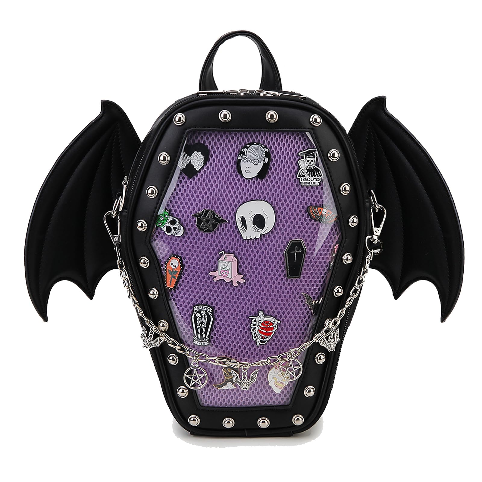 fancybagGoth Coffin Backpack with Detachable Bat Wing Halloween Coffin Ita  Punk Shoulder Bag for Enamel Pins Display