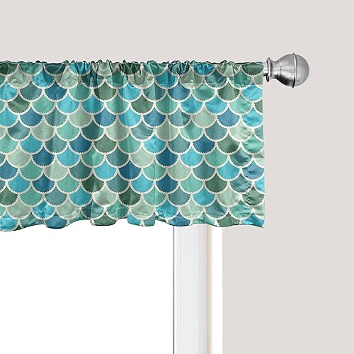 Ambesonne Cenefa de ventana azul náutico, patrón inspirado en escamas de sirena con formas circulares anidadas de pez japonés, cenefa de cortina