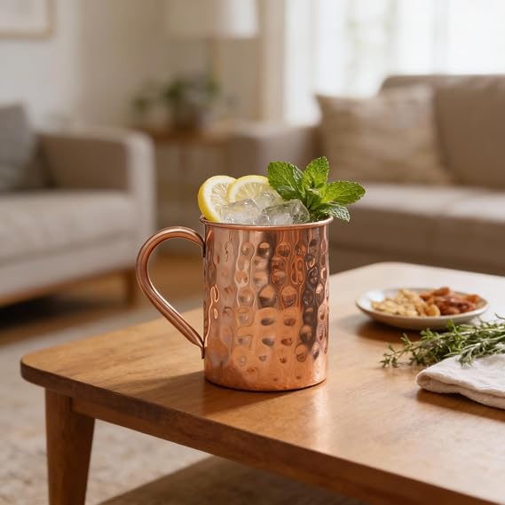 Craft Trade 16Oz/500ml Pure Copper Moscow Mule Mugs Hammered Drinking Cup with 4 Straws and 1Shot Glass for Drink Party and Room Bar Resturent - Set of 4