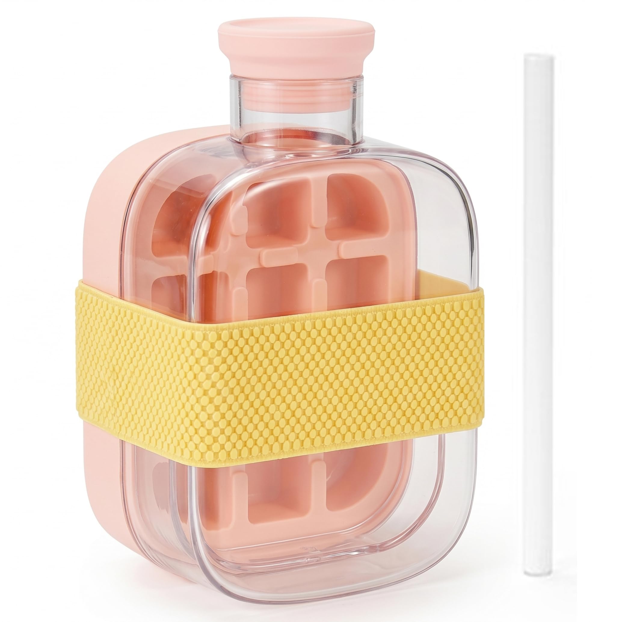 Elyebxj 2-in-1 Ice Cube Bottle with Straw & One-Touch Press Release, Food-Grade Tray, Size S, also Ice Molds for Coffee