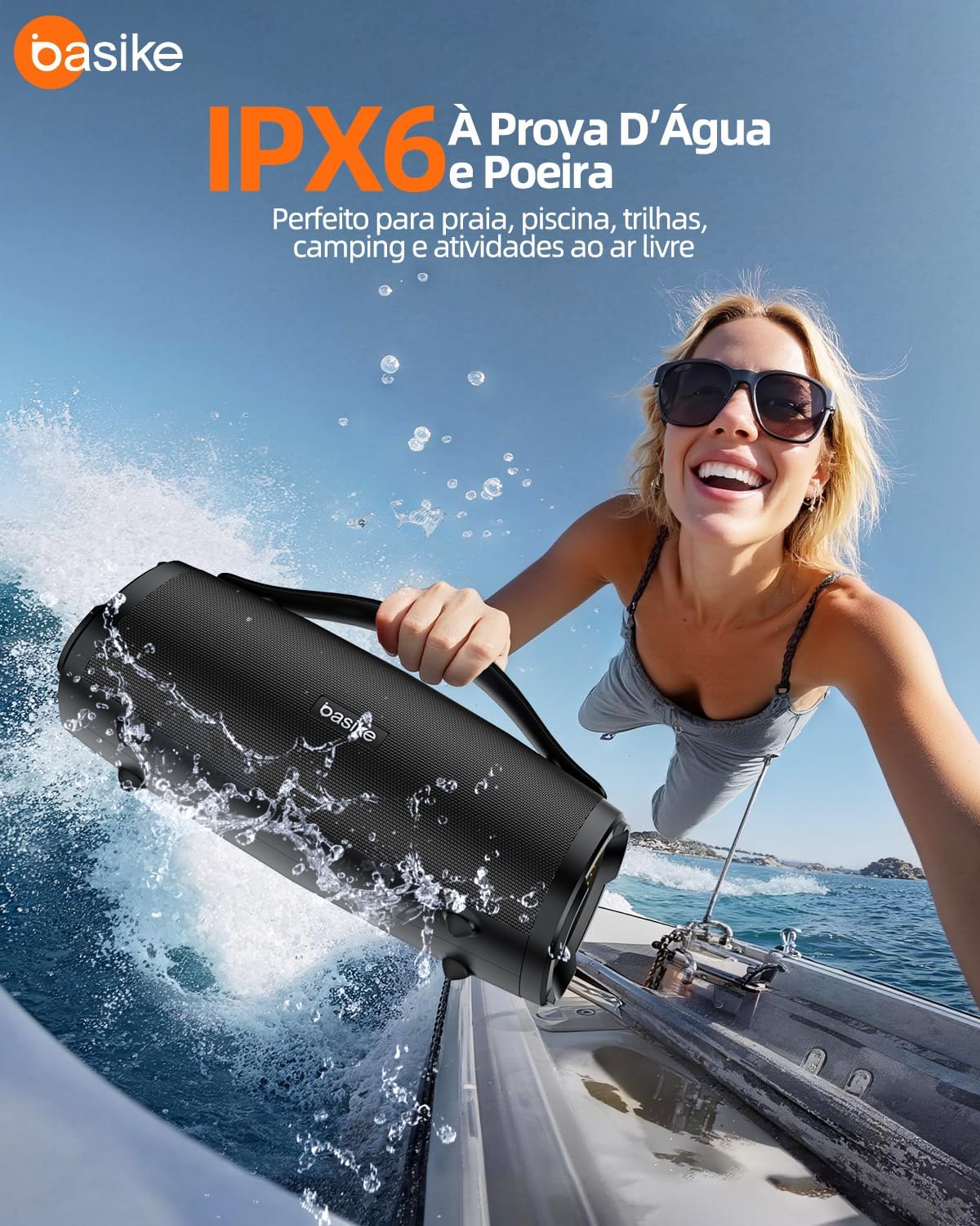 Woman holding Basike Ba-RAD289 speaker on a boat, showing IPX6 water resistance