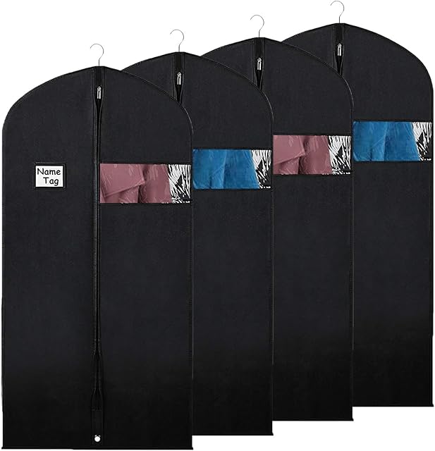Syeeiex Garment Bags for Dress Storage and Travel 127cm Coat Protector Bag with Clear Window and ID Card Holder for Suit, Long Jacket, Dresses, Coat, Set of 4
