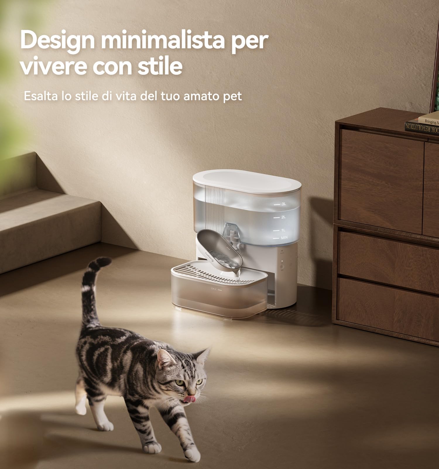 FEELNEEDY Fontanalla per Gatti Senza Filtro E Senza Fili A Batteria da 2000mAh, Separa L'acqua Pulita Da Quella Usata, Ciotola in Acciaio inox, Fontana per Gatto 3.5L, Bianca