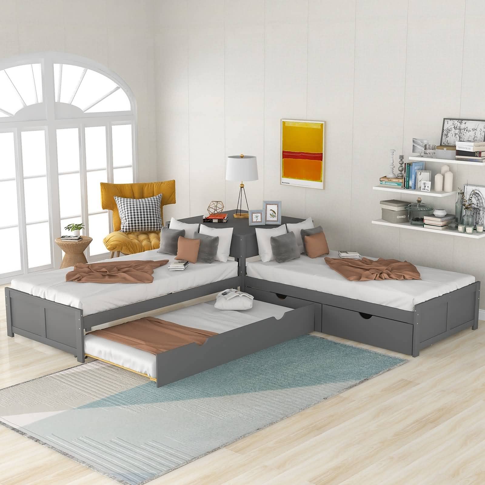 Twin Bed Frames, L-Shaped Platform Bed with Trundle and Drawers Linked with Built-in Desk, Twin, Gray