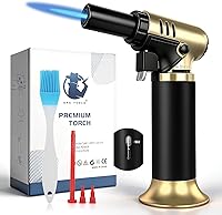 Navpeak Gold Butane Torch Lighter Refillable Jet Flame with Fuel Gauge, Continuous Lock & Stand for Creme Brulee, Cooking, Camping, Soldering