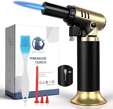 Kitchen Butane Torch Lighter, Refillable Jet Flame Torch with Fuel Gauge, Continuous Flame Lock & Base Stand for Cooking, Baking, Creme Brulee, Camping, Soldering, Gold Butane Not Included