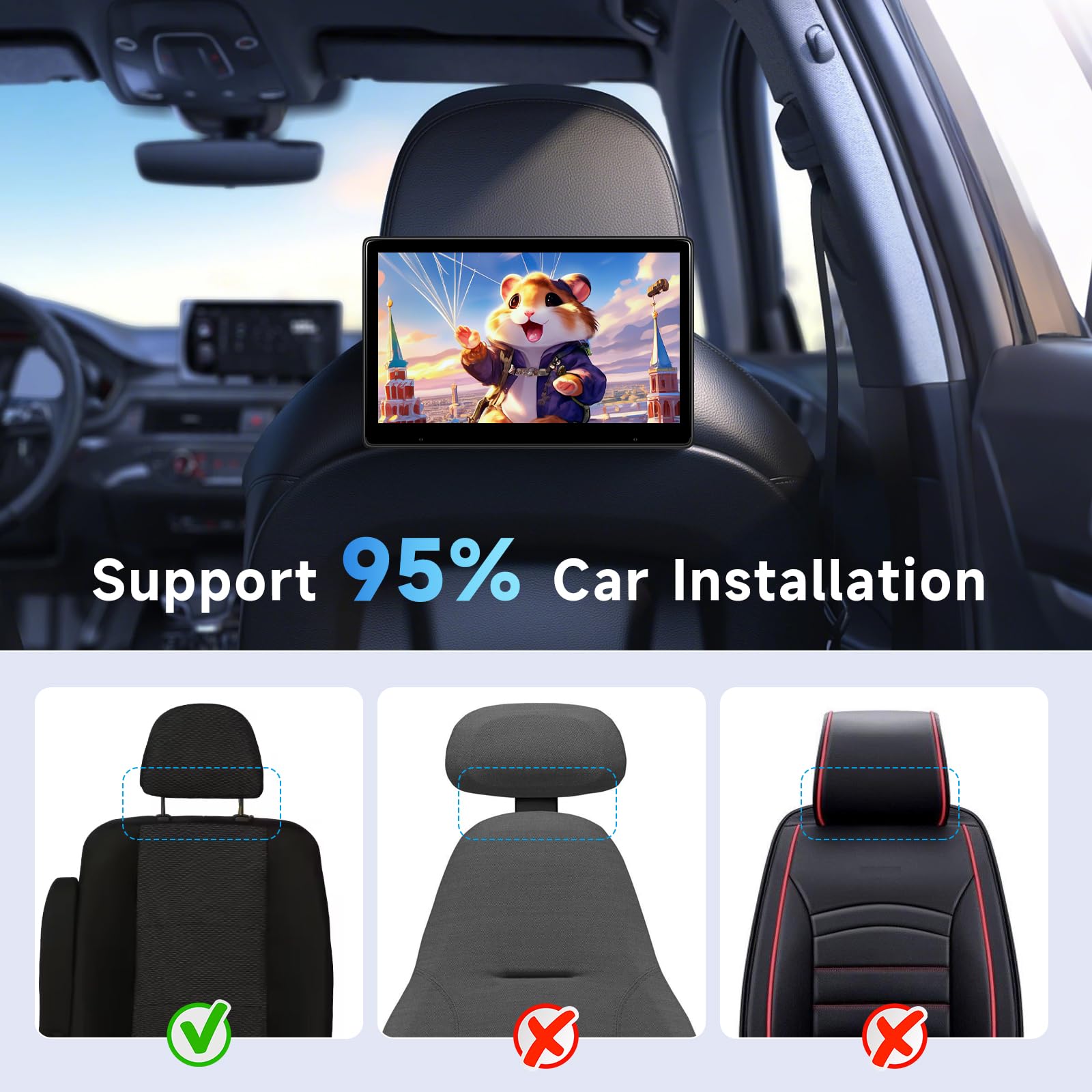 Moniteur Portable pour siège arrière avec Bluetooth, Lecteur vidéo à écran Tactile IPS 10,1 Pouces, Compatible Carplay et Android Auto, Mirror Link +64GB TF Card