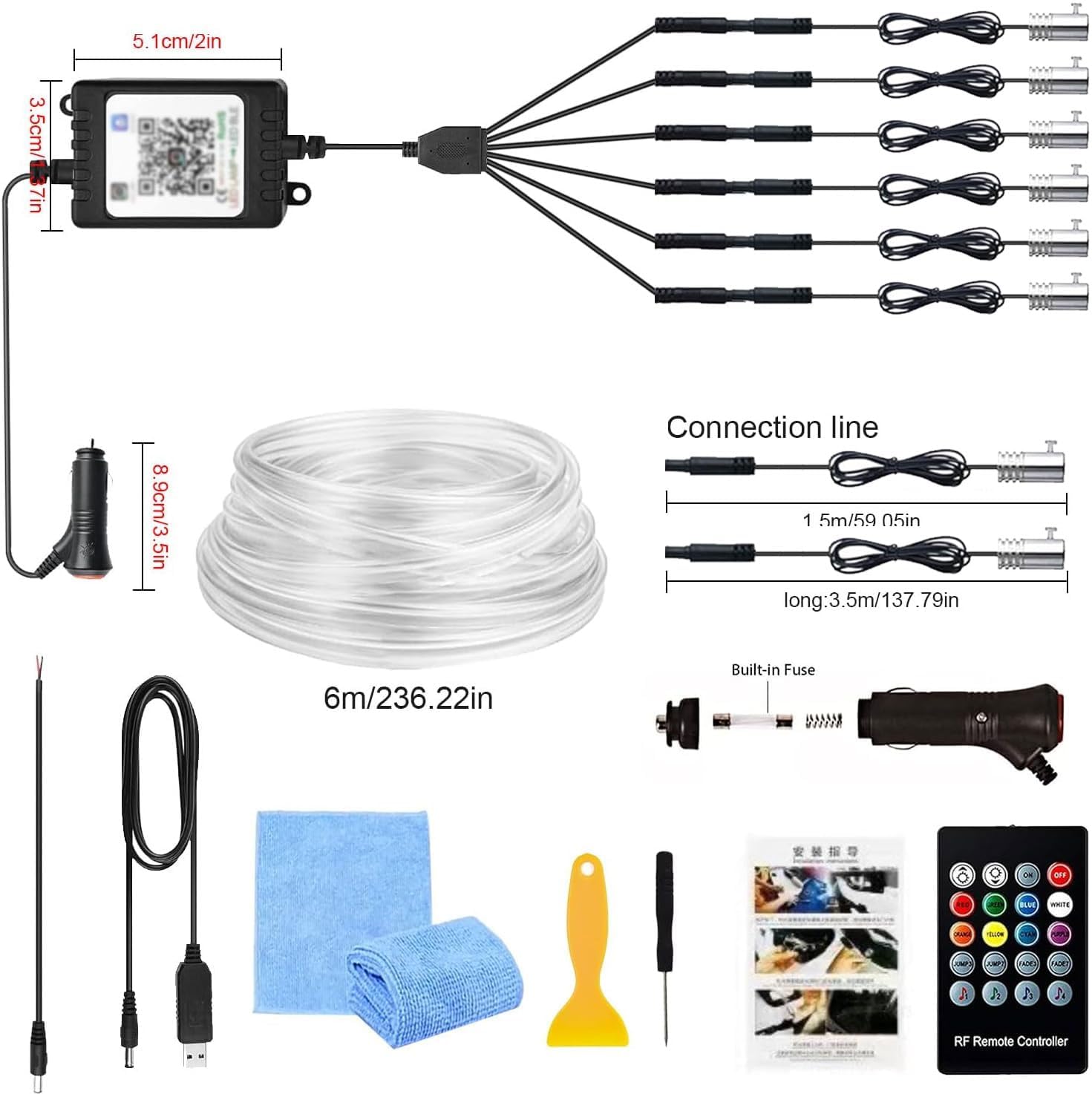 Sunshine smile Illuminazione interna a LED per auto, 6 m/18 in 1 RGB, illuminazione interna controllabile tramite app + telecomando, illuminazione interna laser multicolore (colore)