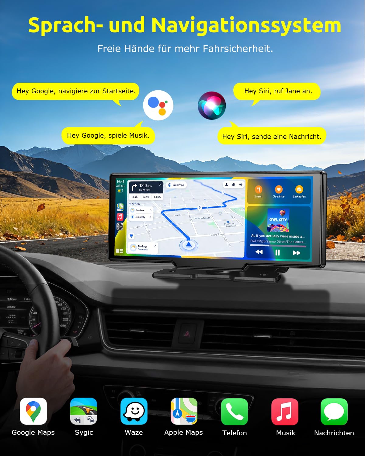 ESSGOO 10.26 Zoll Kabelloses CarPlay Display mit 4K Dashcam,1080P Rückfahrkamera & 4 Reifendruckkontrollgeräte Drahtlos CarPlay & Android Auto,Bluetooth 5.3,Mirror Link,GPS,FM,Sprachsteuerung,64GB TF