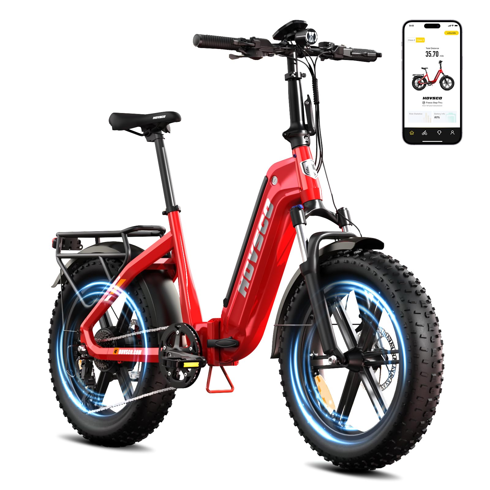 HOVSCO Faltbares E Bike für Erwachsene mit App-Steuerung & Federung, Elektro Fahrrad 48V/15AH Akku 250W faltbar Fatbike 20"×4.0" Reifen, Alu-Durchstieg-Rahmen, bis 204kg