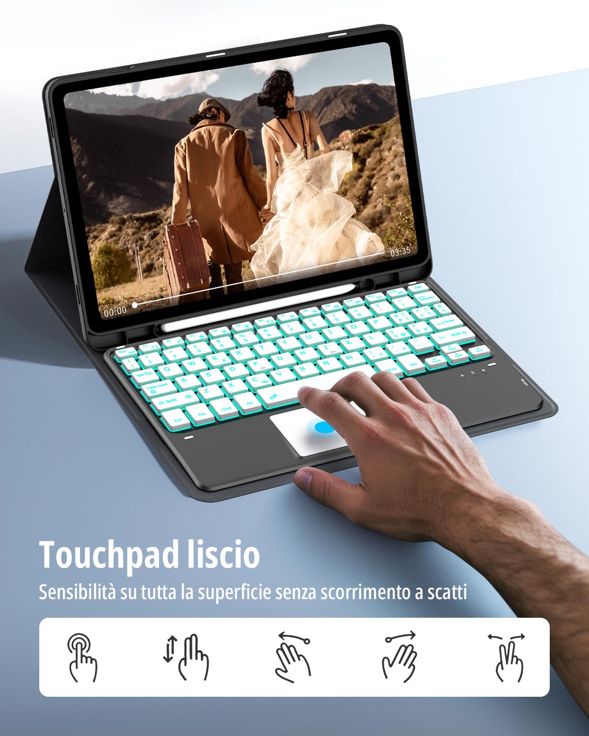 CACOE Cover con Tastiera per Samsung Galaxy Tab S10 Lite / S10 FE / S9 FE/S9 10.9"/11" (2025/2023) con Touchpad, Custodia con Portapenne Tastiera Wireless Staccabile con Illuminazione a 7 Colori, Nero