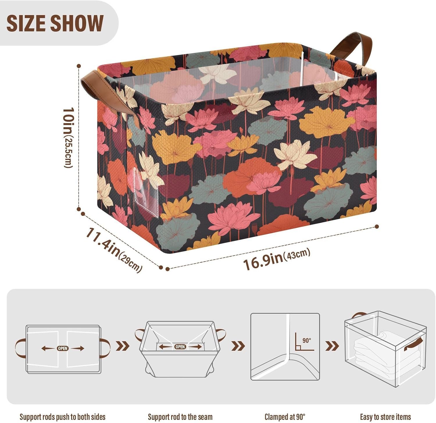 Colorful Water-lilies Flower Leaves Fabric Foldable Storage Baskets Cube Storage Organizer with Handles Bedroom Living Room Home Organization for Home Office,Closet Clothes Organizer image 3