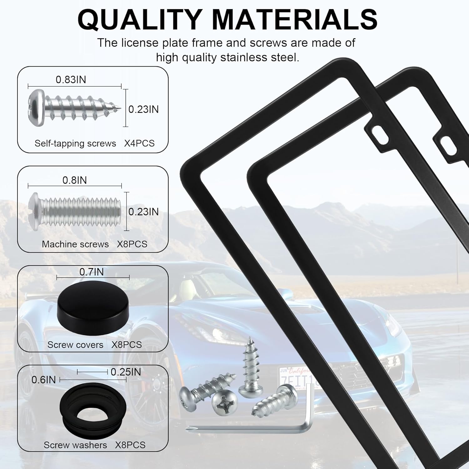 LivTee Black License Plate Frames, 2 Holes Stainless Steel License Plate Covers, 2PCS Car License Plate Holder, Automotive Exterior Accessories, Slim Design with Gasket Cover for US Cars