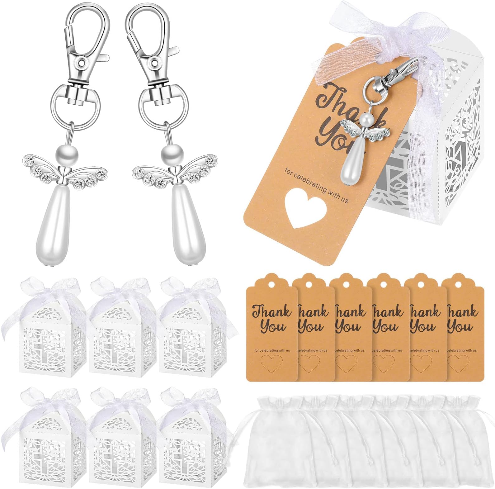 Bonuci 100 Pieces Angel Keychains Favor Angel Pendant Keychains Baptism Favor Boxes White Organza Bags with Drawstring Thank You Tags for Baby Shower Baptism Party Gift, 25 Sets