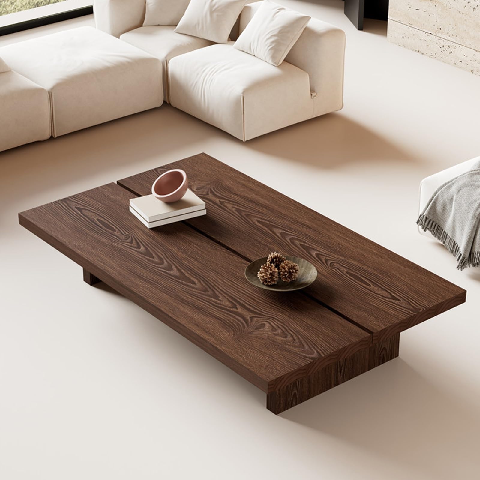 Table basse japonaise en noyer avec plateau massif de 5 cm d'épaisseur