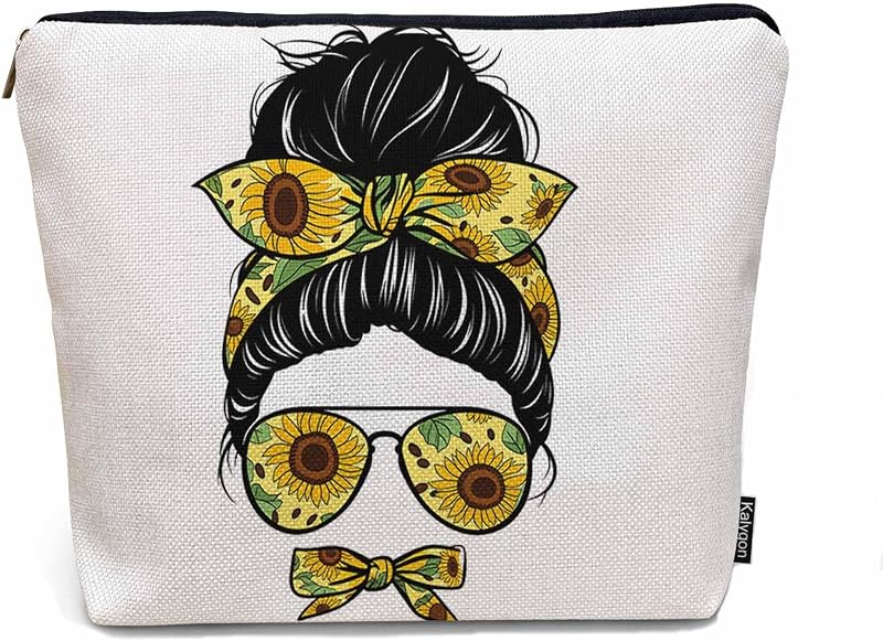 Necessaire organizadora de maquiagem Kalygon Sunflower Woman em linho, com zíper