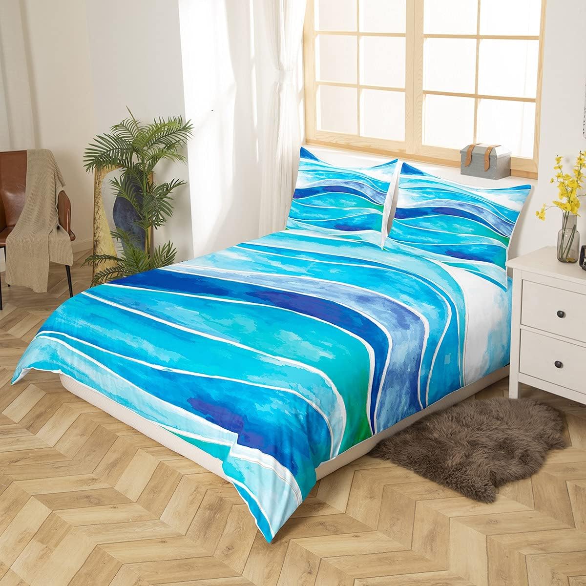 Feelyou Children Duvet Cover Set Ocean Waves Bedding Set Full Size Sea Surfing Themed Microfiber Polyester Comforter Cover with 2 Pillow Shams, Zipper Closure, Soft 3D Print Tropical Blue 3 Pieces