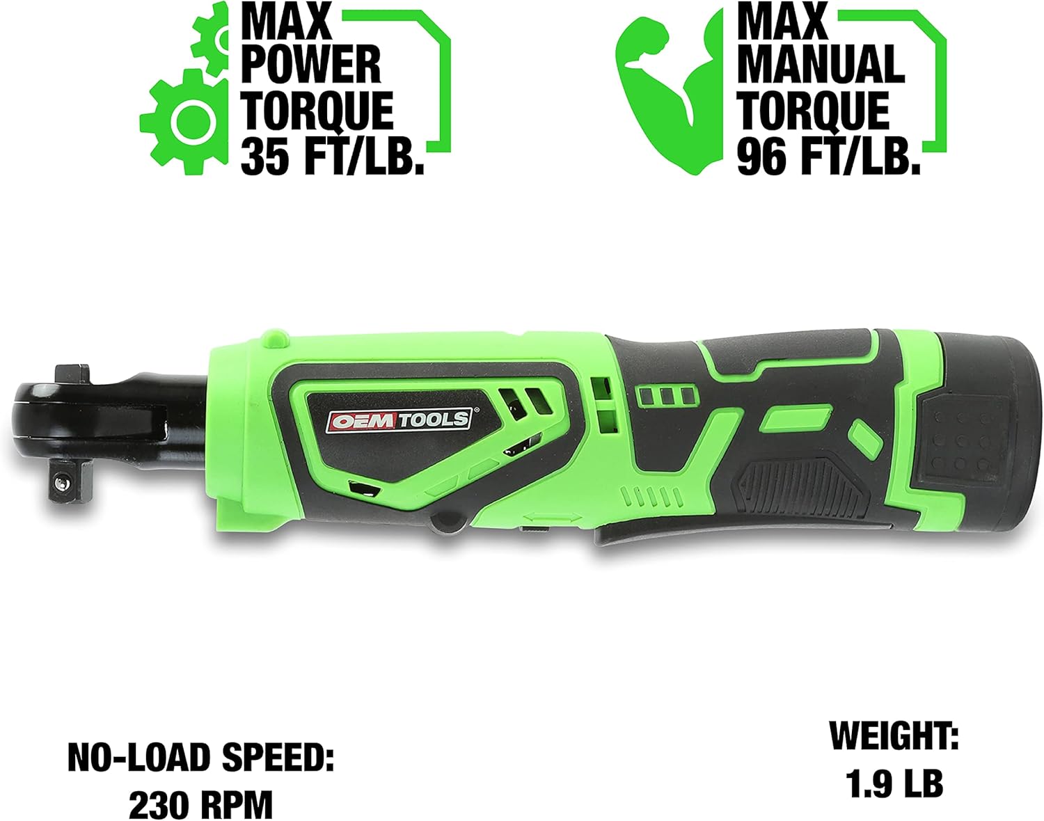 OEMTOOLS 24685 12V MAX Li-ion Power Ratchet, 3/8” Cordless Electric Ratchet Wrench, 35 Lbs. Torque, Electroplated, Lightweight And Ergonomic With Built-in LED Worklight
