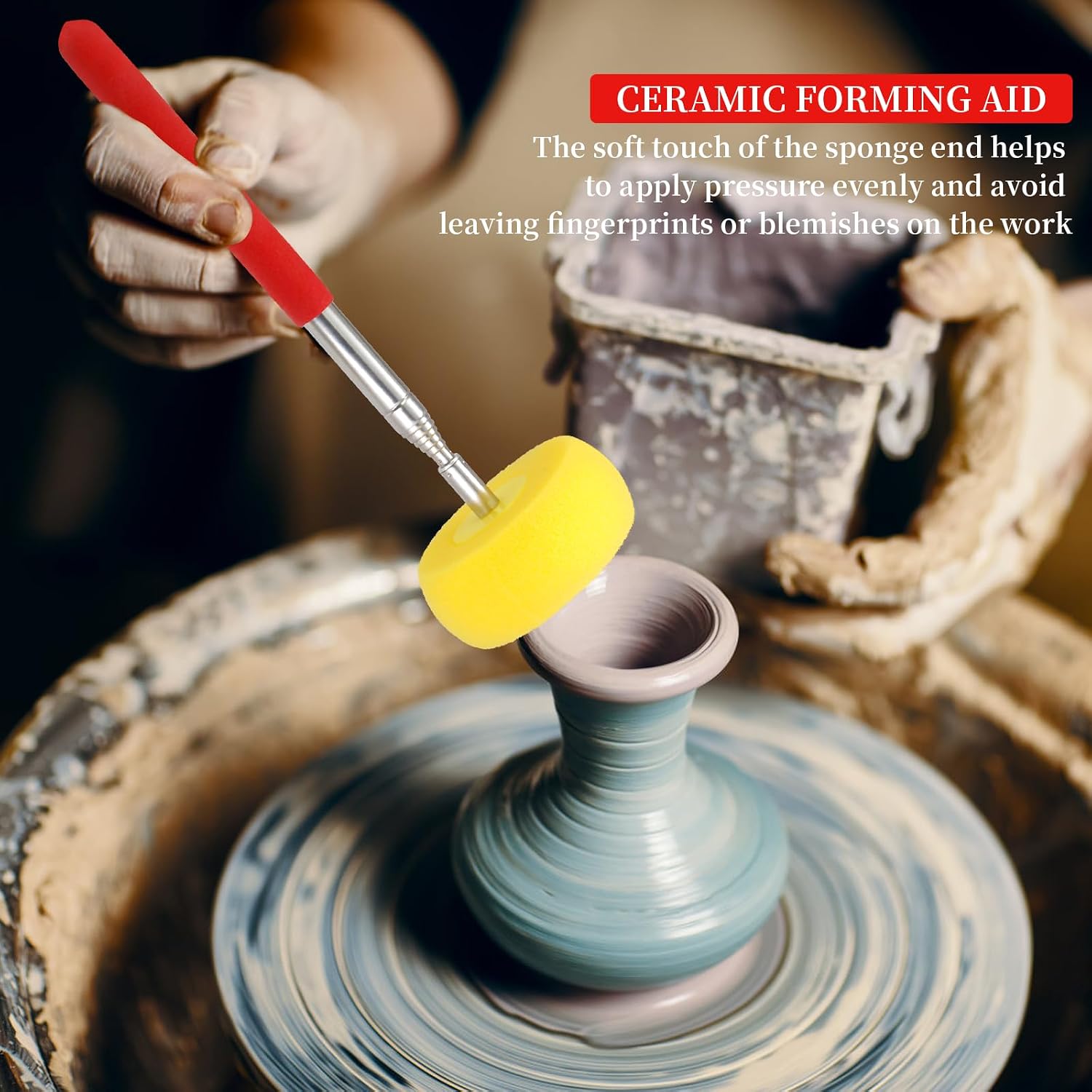 Telescoping Pottery Sponge Ceramic Shaping Tool with 1 Replacement Sponges, Ideal for Easy Cleaning and Removing Excess Water from Tall or Wide Pottery, Extends to 39 Inches Long