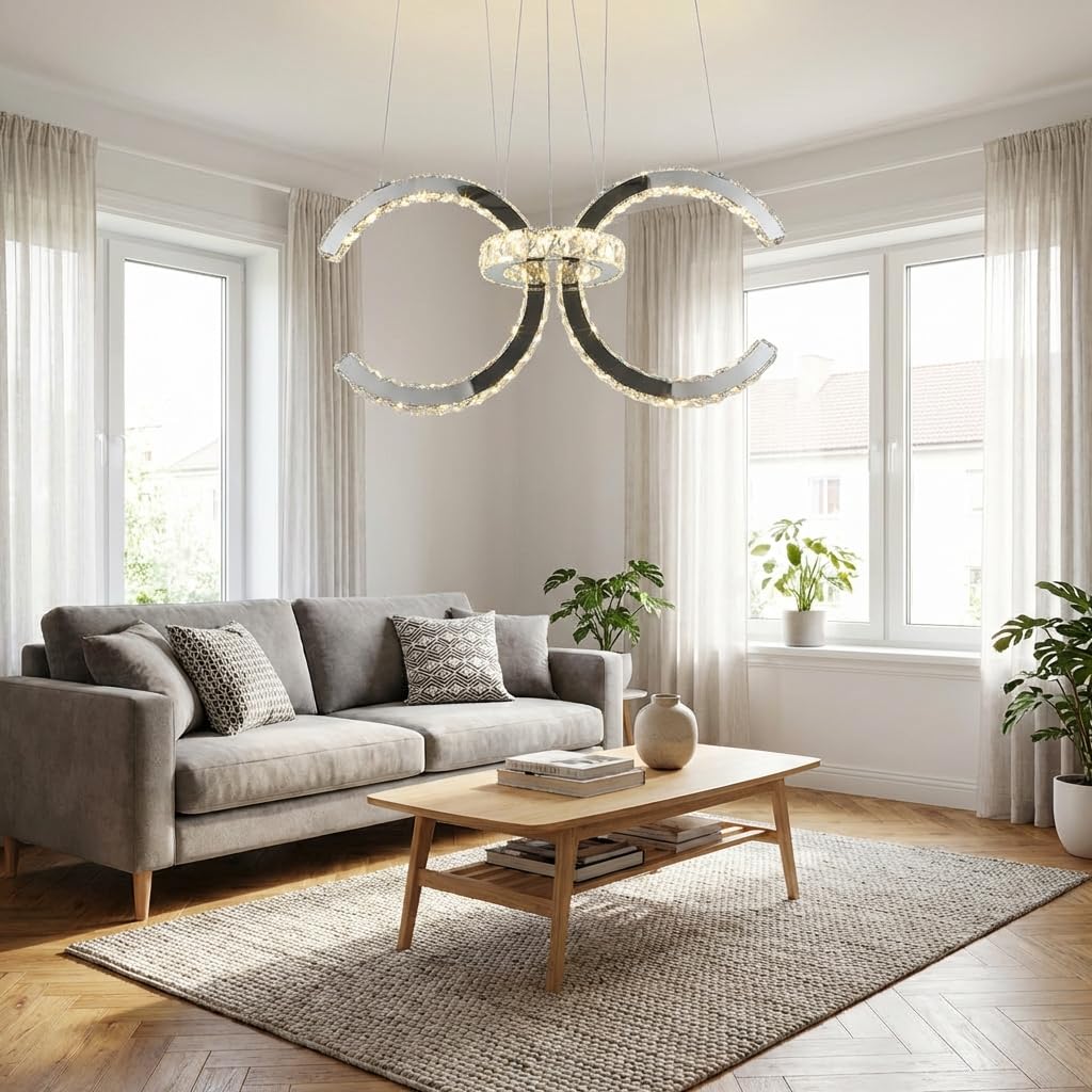 Maka Lampadario Plafoniera LED a Sospensione Moderno in Cristallo e Acciaio Inossidabile, 30W 500LM, 3 Temperature di Colore con Switch, Design a Cerchi per Soggiorno, Camera, Base 55x15x4,5cm