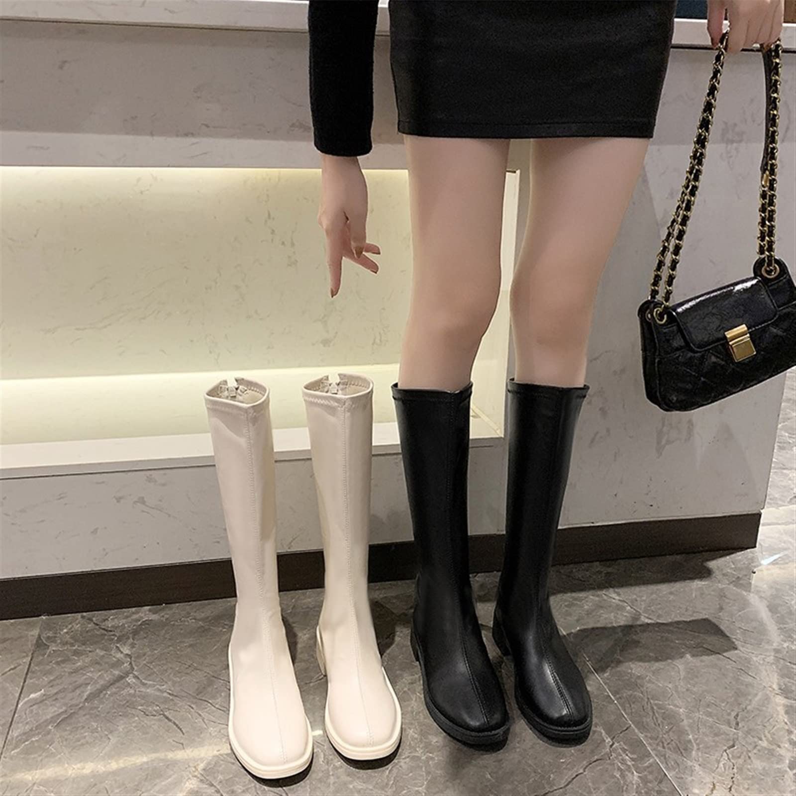 Botas para Mujer Botas de Montar Zapatos de Mujer Cuero Real Tacón Medio Botas hasta la Rodilla Punta Cuadrada Tacones con Cremallera Botas largas Otoño Invierno