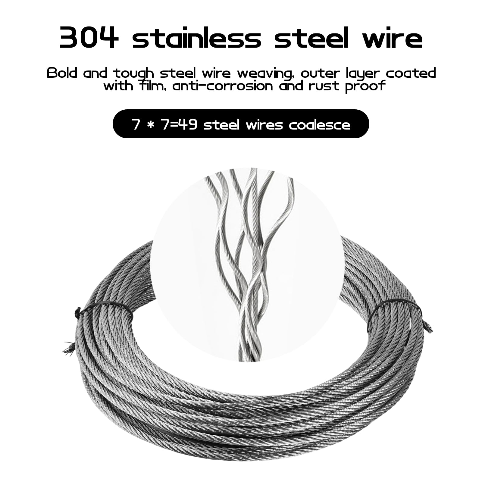 Câble Acier Inoxydable 304-4mm x 20m, Haute Résistance et Polyvalence Corde Cable D'acier à Noyau 7 x 7 Brins Kit cable en acier Métallique Fil Wire Rope pour Jardinage, Clôtures et Bricolage