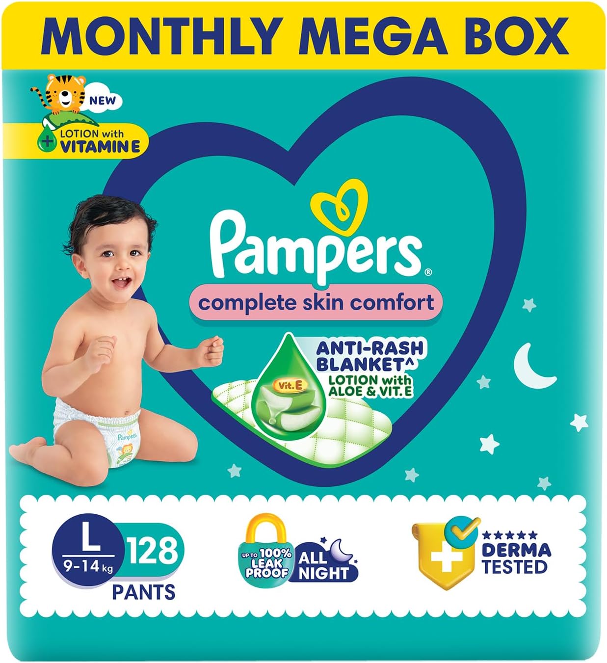 Pampers Complete Skin Comfort | Pant Style Diaper Large, 128 Count| Anti Rash with 100% protection from leakage upto 12 hrs