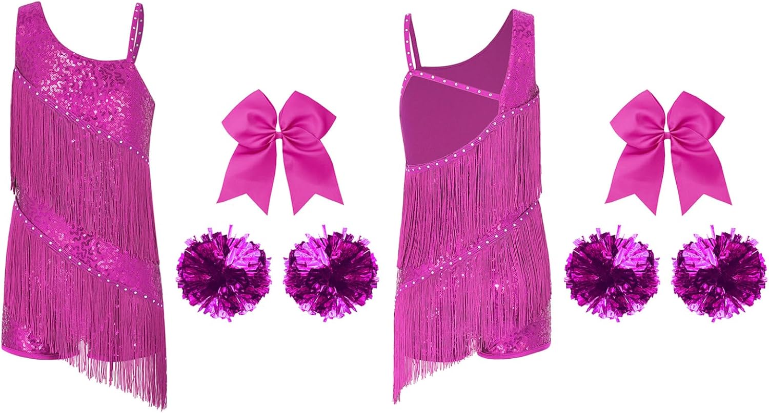 Girls Shiny Latin Ballet Dress with Bowknot Pompoms Salsa Tango Dance Irregular Fringe Dress Disco Ballroom Show