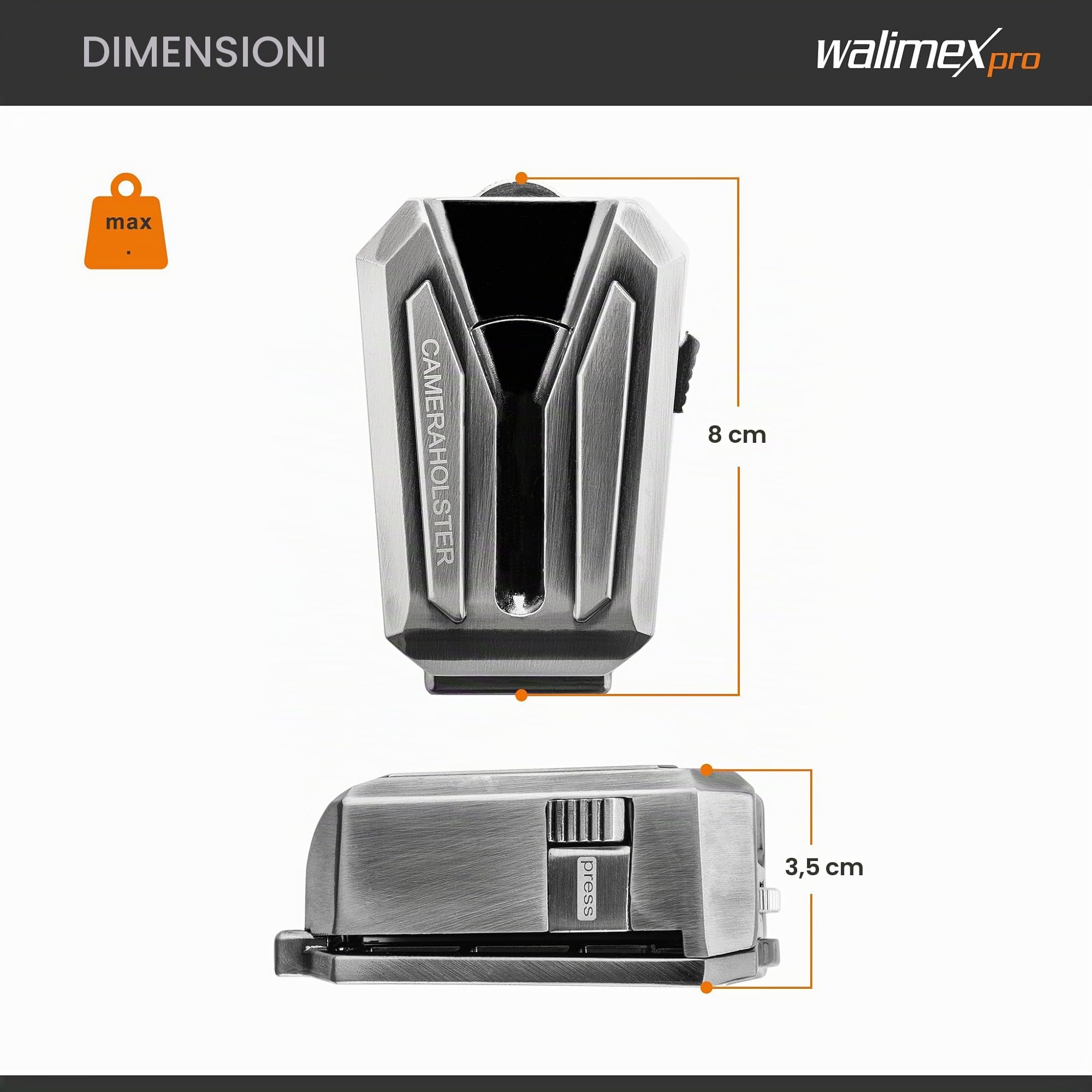 walimex pro Porta macchina fotografica da cintura, Gancio e Clip a V, Piastra a sgancio rapido compatibile con Arca-Swiss, max 5 kg, per cinghie larghe fino a 50 mm