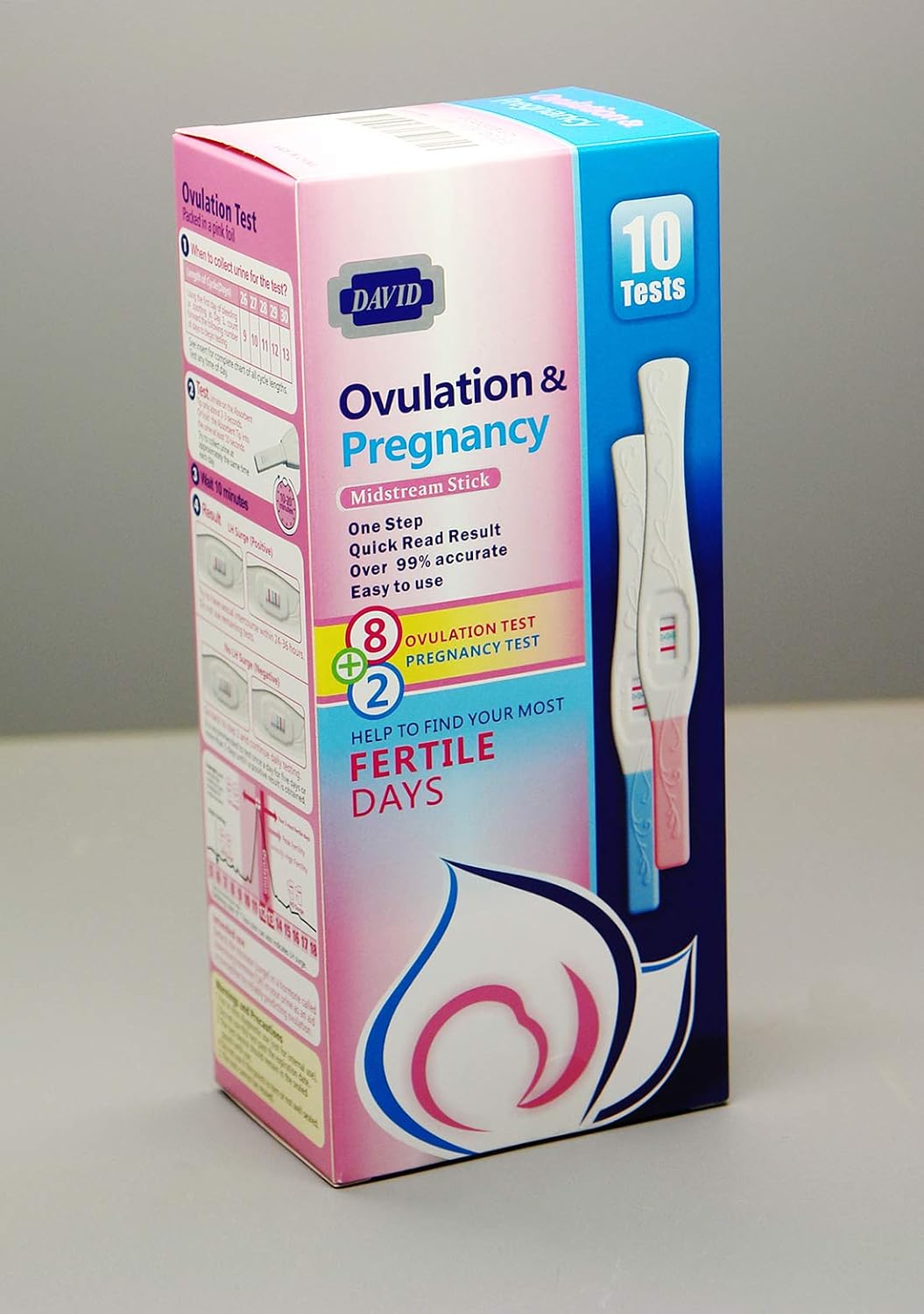 David 8 LH Ovulation Tests and 2 HCG Pregnancy Test Midstream Sticks Individually-Sealed Combo Predictor Kit