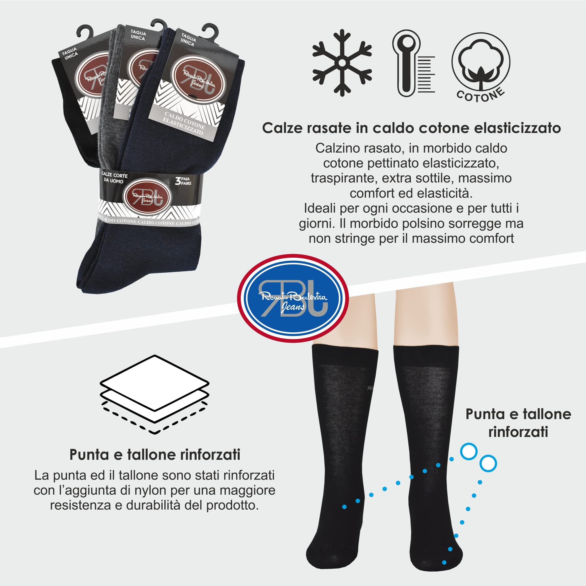 Renato Balestra 6 Paia - Calze Invernali in Cotone da Uomo Varie Altezze - Vari colori - Non stringono - Punte e talloni rinforzati