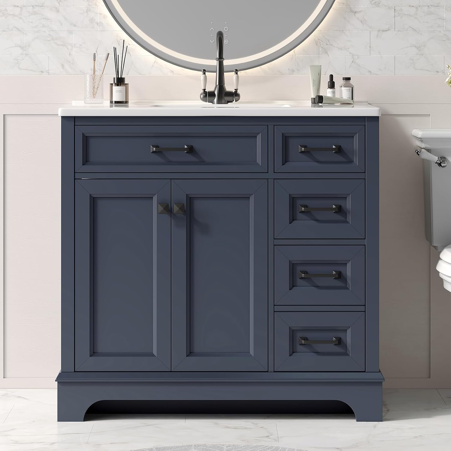 ONBRILL 36" Luxurious Bathroom Vanity with Ceramic Sink, Modern Freestanding Bathroom Single Sink Vanities Cabinet with 2 Soft Closing Doors & 2 Drawers, Adjustable Shelf & Paint Surface (Blue)